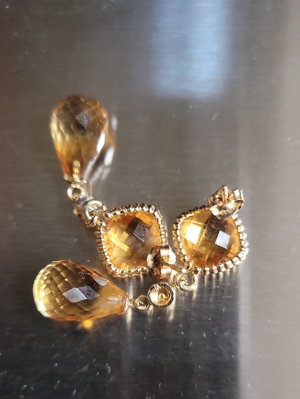 14k Citrine Drop Earrings - Elegant Yellow Gem Dangle With Small Diamonds - Picture 3 of 6